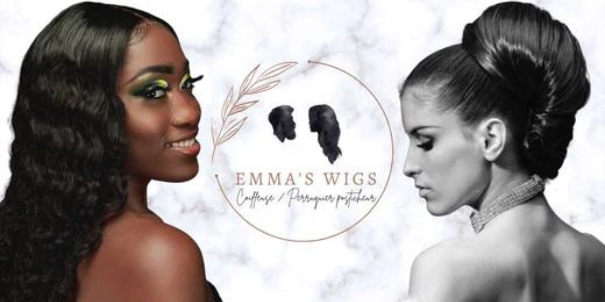 logo emma's wigs avec une perruque et un postiche