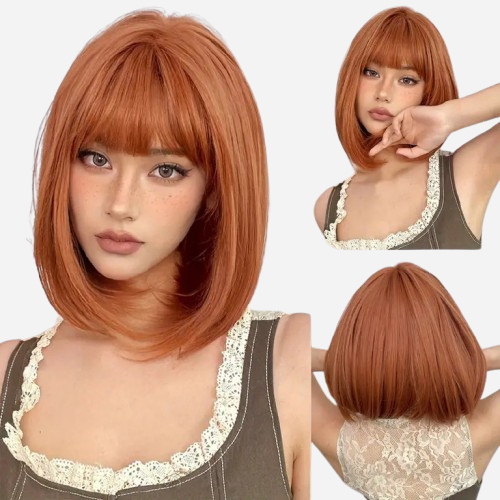 Perruque Courte Carrée Rousse Synthétique - Frange, Bonnet Moyen, Style Naturel