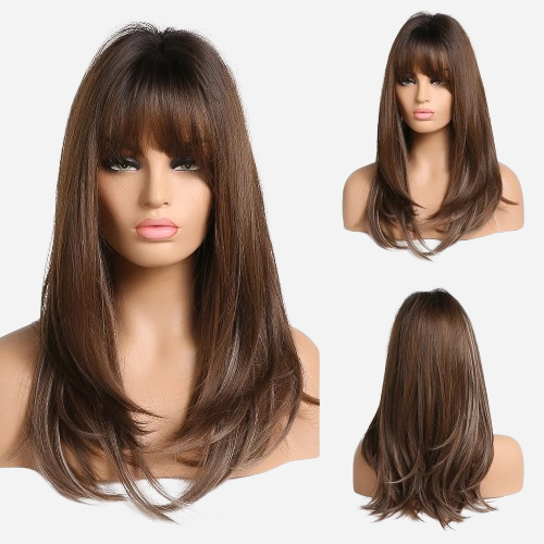 Perruque Longue Brune Dorée Pour Femme - Synthétique à Frange - Bonnet Moyen